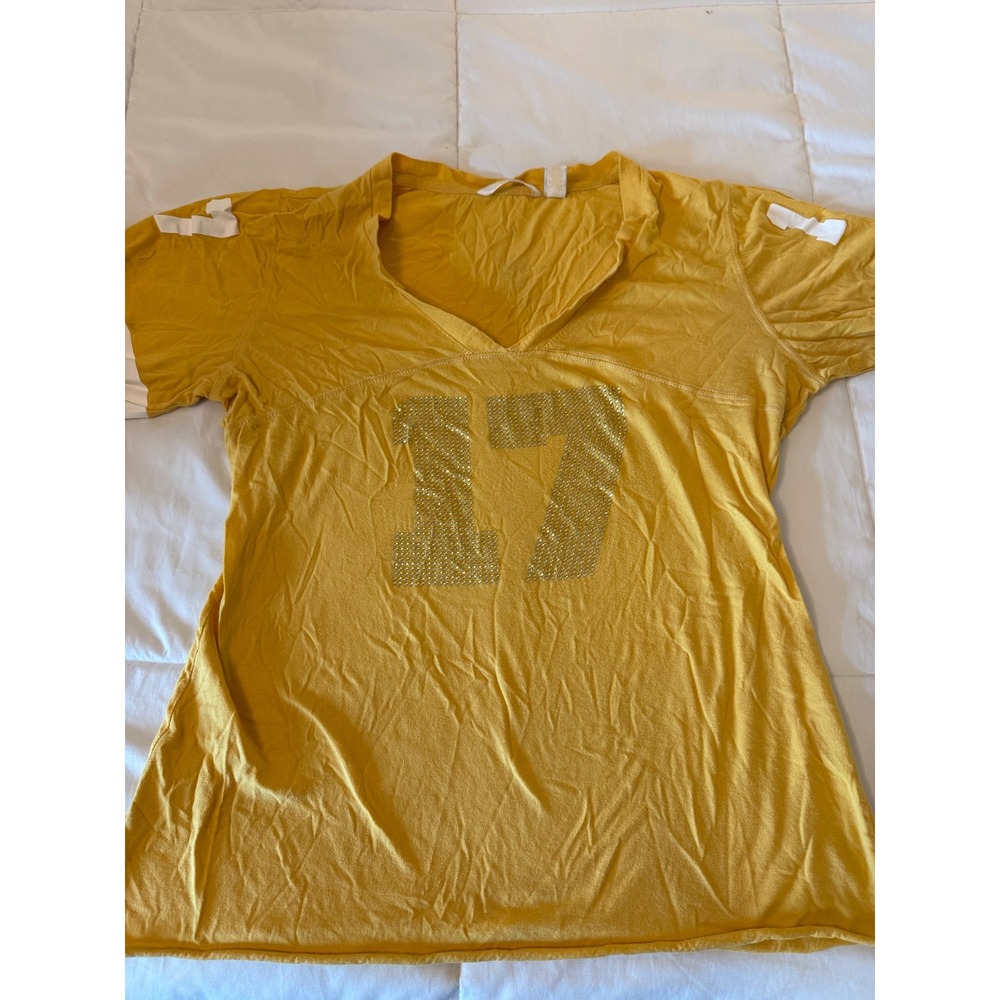 Derek Heart Pink Mustard Yellow Rhinestone 17 Football Jersey Tee XL